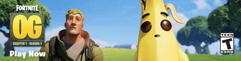 Sponsored gif. Two video game characters stare into the distance before turning and giving each other two thumbs up. One character is dressed in combat gear while the other is an anthropomorphic banana. Text next to them reads, "Fortnite OG, Chapter 1, Season 1, Play Now."