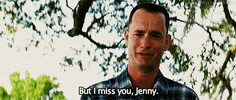 Movie gif. Tom Hanks as Forrest in Forrest Gump. He is brow is furrowed and he looks very sad as he chokes back tears and says, "But I miss you Jenny."