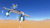 Video game gif. A cutscene from the trailer for Playstation video game "Astro Bot" shows Astrobot, a small white robot with an LED screen face, clinging onto a Playstation 5 controller spaceship in a desert. Astrobot motions to the viewer to come along and the spaceship blasts into the horizon before sharply curving upward to outer space. 