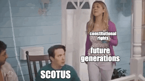 SNL gif. Heidi Gardner, labeled "future generations," holds a drink, labeled "constitutional rights," and approaches Beck Bennett, labeled "S-C-O-T-U-S." Beck slaps the drink violently out of Heidi's hand as she looks on, shocked.
