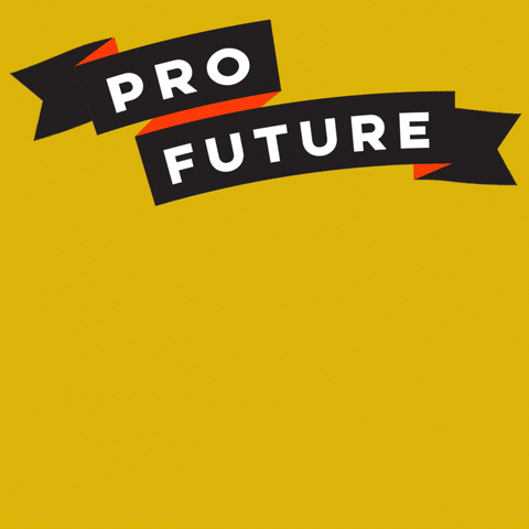 Digital art gif. Inside a white ribbon, black font text reads, "Pro future," and the words "Anti Nuke" appear in bold text under the ribbon, all against a mustard yellow background.