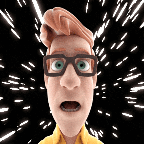 Cartoon gif. Man with glasses and orange hair opens his mouth and eyes wide in amazement as star-like lights shoot past his face.