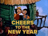 Cartoon gif. Two birds in a tree hut are caught kissing. They look at us, surprised and embarrassed, then pull the shade down. We see their shadows as they lean toward each other to kiss again. Beneath them fireworks explode around the text, “Cheers to the new year.”