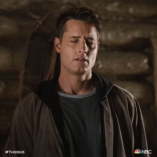 TV gif. Justin Hartley as Kevin in This Is Us. He sees something he doesn't want to see and he squeezes his eyes shut as he turns his head away.