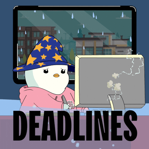 An animated penguin is typing on a computer and the word, "DEADLINES" is written below.