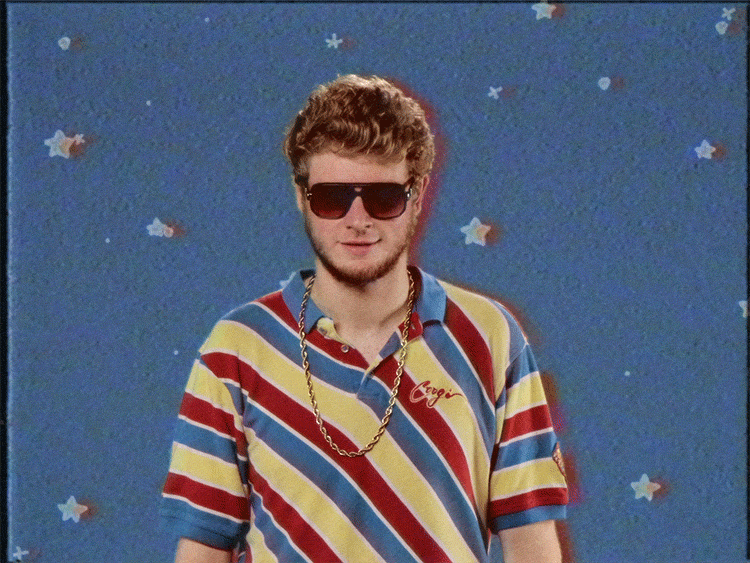Celebrity gif. Yung Gravy, a rapper, shrugs his shoulders and tosses his head back nonchalantly as stars twinkle behind him.