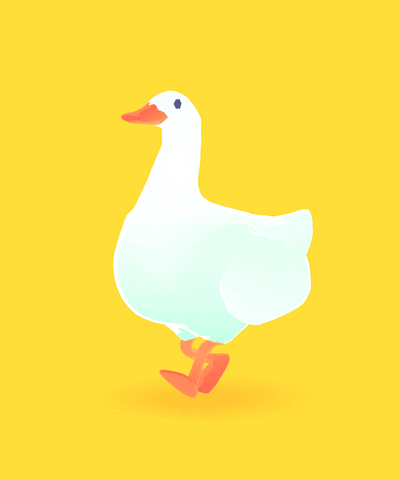 Cartoon gif. A white duck hops merrily along on a yellow background. 