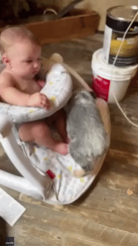Puppy Tries to Squeeze Into Seat With Infant