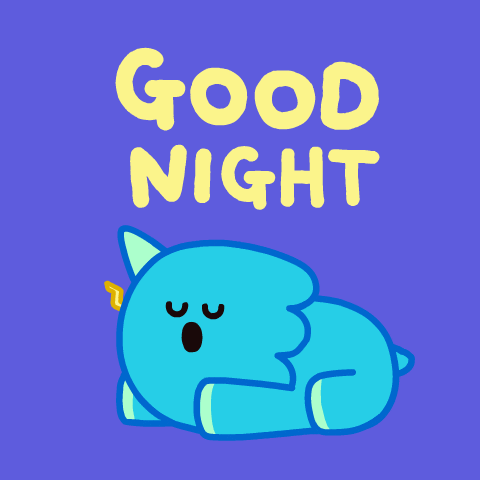 Cartoon gif. A one-horned sleeping blue dinosaur snores with their mouth open while a string of Zs emanate from his mouth. Text, "Good Night."
