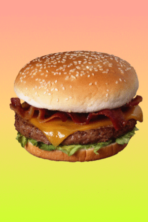 Digital art gif. Superimposed bacon cheeseburger hovers over a peach and yellow ombre background, shaking from side to side as if to entice you.