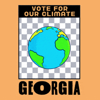 Digital art gif. Earth spins in front of a grey and white checkered background framed in a light orange box. Text, “Vote for the climate. Georgia.”