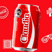 Sponsored gif. A red can of Coca-Cola with the name "Claudia" floats up into frame and then floats back down out of sight. Coca-Cola logos on bottle caps and sunglasses are in the background.