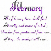 Text gif. Message in a purple and green calligraphy font littered with tiny hearts sparkling on a white background. Text, "February, The february born shall find sincerity and peace of mind, freedom from passion and from care, if they the amethyst will wear."