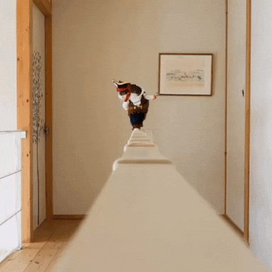 Video gif. Cat dressed in a pirate captain costume prowls towards us along a long white ledge, with its hook hand sticking out. The costume is designed to make the cat seem like its walking like a human on two legs, which makes it appear more intimidating.