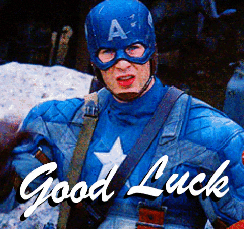 Movie gif. Chris Evans as Captain America gives us a slightly confused salute. Text, "Good luck."