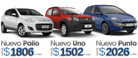 Ad gif. Advertisement for six different models of Fiat cars compared at different prices in USD. Text reads, "Nuevo palio $1806, Nuevo Uno $1502, Nuevo Punto $2026, Qubo $2222, Palio Adventure $2179, Sieno EL $1600." price and name appearing under each respective model.