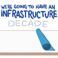 Illustrated gif. Blueprint with an outline of the United States unrolls on a white desk. Text on a transparent background, "We're going to have an infrastructure decade."
