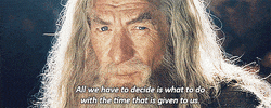 Movie gif. Ian McKellan as Gandalf in The Lord of the Rings looks at us with a serious look and says, “All we have to decade is what to do with the time that is given to us.”