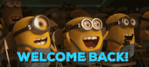 Movie gif Several Minions from Despicable Me cheer clap and give thumbs up Text Welcome back