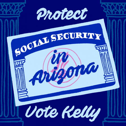 Illustrated gif. Social Security card bobbing and rocking in front of a cobalt background with penciled columns, message reading, "Protect Social Security in Arizona, Vote Kelly."