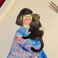 Digital art gif. Watercolor painting of a woman wearing a face mask as she hugs a shifty-eyed black cat to her face. Red hearts emerge from their embrace.
