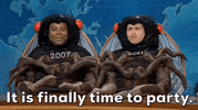 TV gif. Saturday Night Live castmembers Kenan Thompson and Marcello Hernandez are dressed up as cicadas in an appearance on Weekend Update. Thompson has the year 2007 written on his chest and Hernandez has the year 2011 written on his. Thompson says "It's time to party" while Hernandez nods in agreement.  
