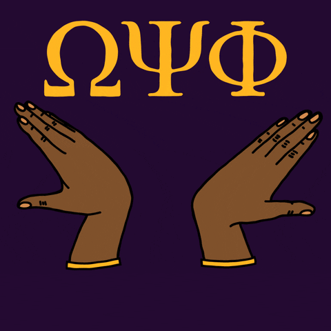 Illustrated gif. Deep brown hands throwing hooks under the Greek letters for Omega Psi Phi in yellow on a purple background. Text, "Vote!"
