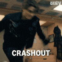 Sponsored gif. Person throws themself into a solid cinder block wall and crashes through to the other side, landing on a bed in a pile cloud of dust and rubble. In the upper right corner is the logo for the Amazon Prime show Gen V. Text reads, “Crashout.”