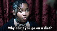 Movie gif. Maryam Hassan as Tomika in School of Rock blankly asks Jack Black as Dewey, "Why don't you go on a diet?" and Dewey responds, "because, I like to eat."