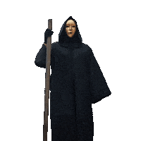 Sponsored sticker gif. Ominous figure from The Traitors in a black cloak and gold full-face mask rhythmically taps a wooden staff against the ground.
