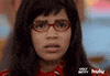 TV gif. America Ferrera as Betty on Ugly Betty. She looks very nervous as she swallows her spit and adjusts her neck collar, staring at something unblinkingly.