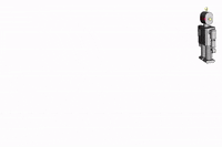 Cartoon gif. Robot shows some snazzy dance moves before going out of view. Text reading, "Thank goodness it's Wednesday!" appears in a black handwriting font while a smiley face with stick arms and a rectangular pink nose makes its way to the center. Black label reading, "Braza Audio" replaces the text and is decorated with red and black paint splatters.