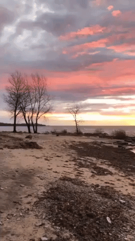Red Sky Over Lake Erie as Severe Winter Storm Approaches Canada