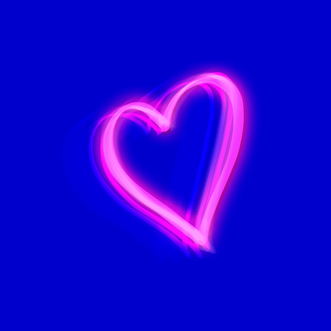 Digital art gif. A neon pink heart vibrates on a blue background.