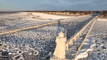 Pancake Ice Floats Near Frozen Lighthouse on Lake Michigan Shore