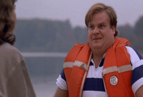 Movie gif. Chris Farley as Tommy in Tommy Boy. He's standing in front of a lake and wears a life vest. He looks gleeful and mischievous as he says, "That was awesome!"