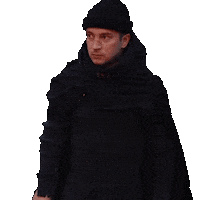 Sticker gif. Music video for Overcompensate by Twenty One Pilots. Man wearing a red ninja outfit covers his mouth with both gloved hands.