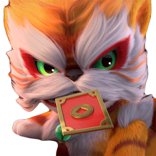 Cartoon gif. A computer generated Chinese tiger for the Lunar New Year floats through the air with an intense look on its face, sending good fortune in the form of a paper talisman toward us. 