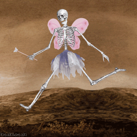 Cartoon gif. A skeleton wearing fairy wings and a tutu, holding a wand, jauntily runs across a dismal background of brown hills and sky. It appears happy, raising its arms and seemingly smiling. 