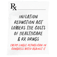 Digital art gif. Prescription pad rests over a transparent background. Text, “Inflation Reduction Act lowers the costs of healthcare & Rx drugs. Every single Republican voted against it.”