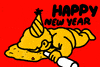 Illustrated gif. A man lays in his vomit and holds a wine bottle and wine cup. He still attempts to take a sip of his wine. Text, "Happy New Year!"