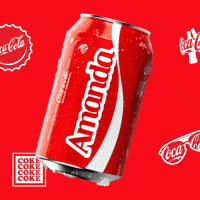Sponsored gif. A red can of Coca-Cola with the name "Amanda" slides in from the left, pauses, and slides to the right offscreen. Coca-Cola logos on bottle caps and sunglasses are in the background. 