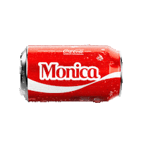 Sponsored gif. A red can of Coca-Cola with the name "Monica" drops into frame, pauses, and then drops out of sight. 