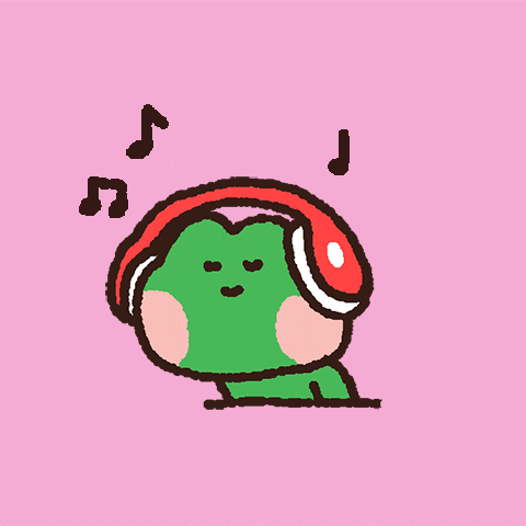 Illustrated gif. Leonard the green frog from Line Friends wears big red headphones and bobs his head back and forth to the music with his eyes closed. Music notes pop up over his head.