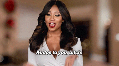 Reality TV gif. Teairra Marí from Love and Hip Hop: Hollywood is clapping and points at us sassily while saying, "Kudos to you, bitch."