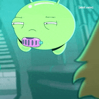 TV gif. The spherical green alien Mooncake from Final Space bobs up and down in the air, its eyes narrowed in suspicion,