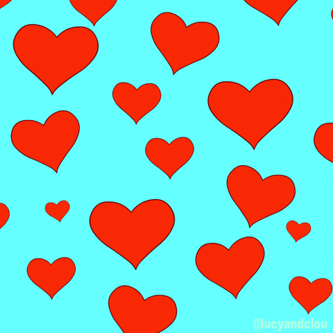 Digital art gif. Red hearts of various sizes fall down a cyan blue background.