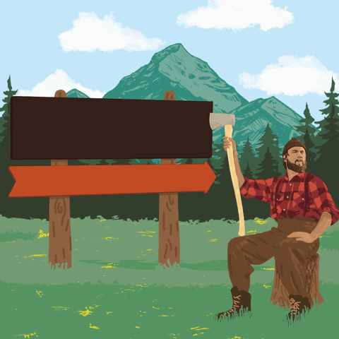 Political gif. Paul Bunyan stands in a forested mountainscape in front of a big sign, on which appear the words "Wisconsin votes, April 4th."