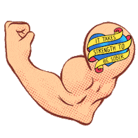 Digital art gif. Animation of a comic book-style arm, flexing its large bicep muscle. On the upper bicep is a colorful heart tattoo with the text, "It takes strength to be sober."