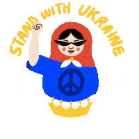 Digital art gif. Animation of a blue, red and yellow Russian nesting doll with a raised fist wearing sunglasses. Text around the doll reads, "Stand with Ukraine, stand with Russian Angelinos."
